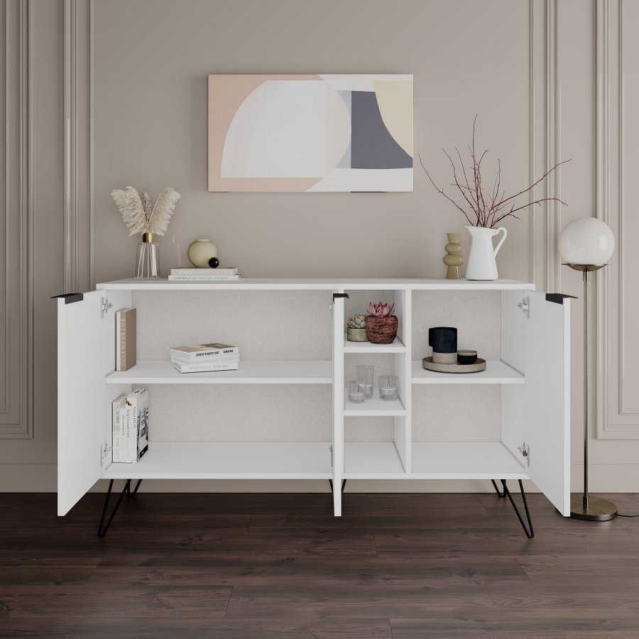 FUNZI LIVING Clara Sideboard, m. 3 Türen und 4 Regalen - weißes Melamin