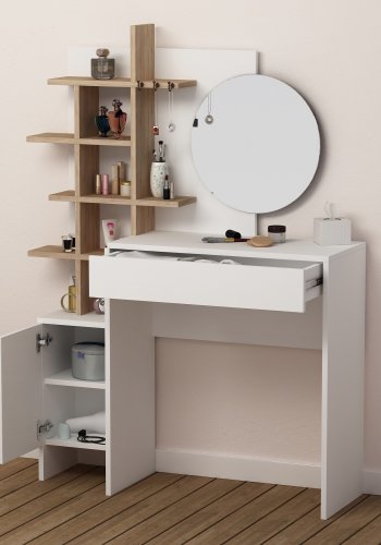 NORDVÄRK Mup Schminktisch, mit Spiegel, 1 Tür, 1 Schublade und Regalen - weißes und eichenfarbenes Melamin