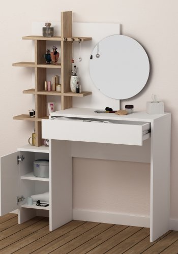 NORDVÄRK Mup Schminktisch, mit Spiegel, 1 Tür, 1 Schublade und Regalen - weißes und eichenfarbenes Melamin