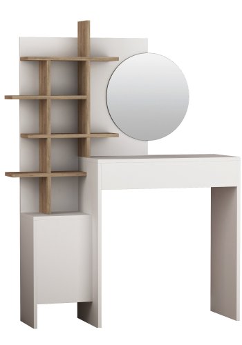 NORDVÄRK Mup Schminktisch, mit Spiegel, 1 Tür, 1 Schublade und Regalen - weißes und eichenfarbenes Melamin