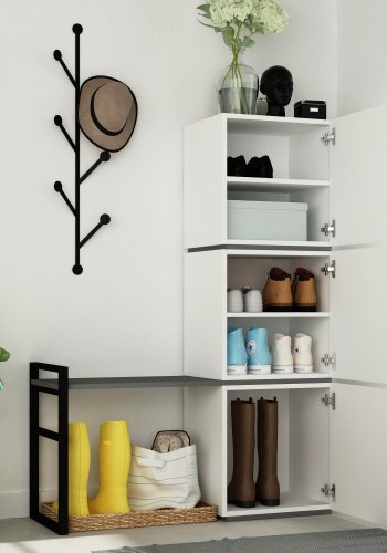 FUNZI LIVING Mello Schuhschrank mit Garderobe und 3 Türen - weißes und anthrazitgraues Melamin