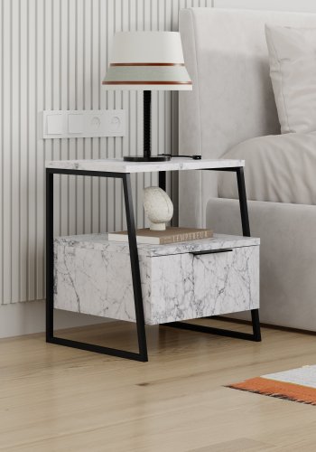 FUNZI LIVING Pal nattbord, m. 1 rom og 1 dr - Carrara marmor melamin og svart metall (45x40)