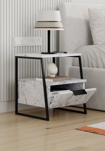 FUNZI LIVING Pal nattbord, m. 1 rom og 1 dr - Carrara marmor melamin og svart metall (45x40)