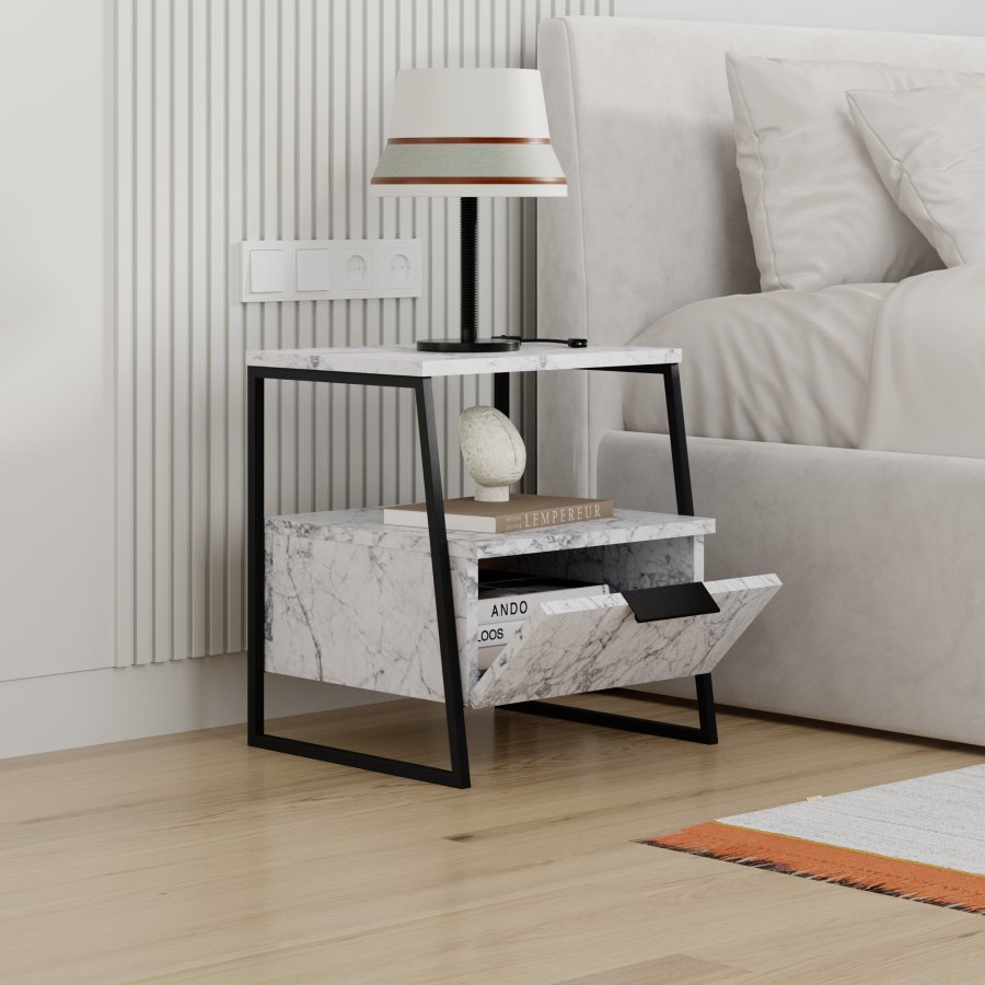 FUNZI LIVING Pal nattbord, m. 1 rom og 1 dr - Carrara marmor melamin og svart metall (45x40)