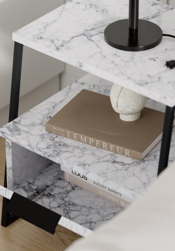 FUNZI LIVING Pal nattbord, m. 1 rom og 1 dr - Carrara marmor melamin og svart metall (45x40)