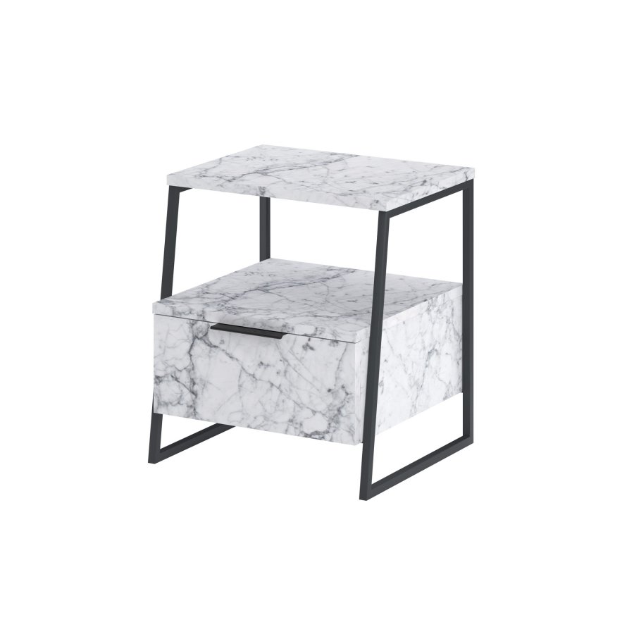FUNZI LIVING Pal nattbord, m. 1 rom og 1 dr - Carrara marmor melamin og svart metall (45x40)