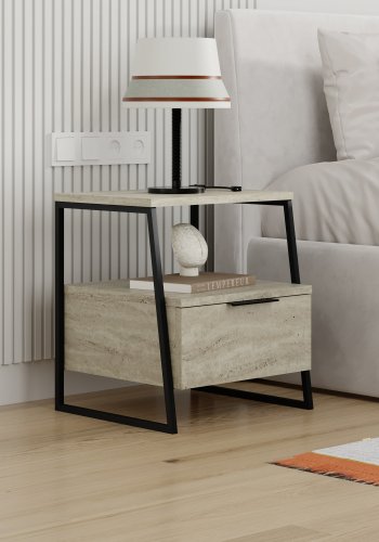 FUNZI LIVING Pal nattbord, m. 1 rom og 1 dr - travertin melamin og svart metall (45x40)