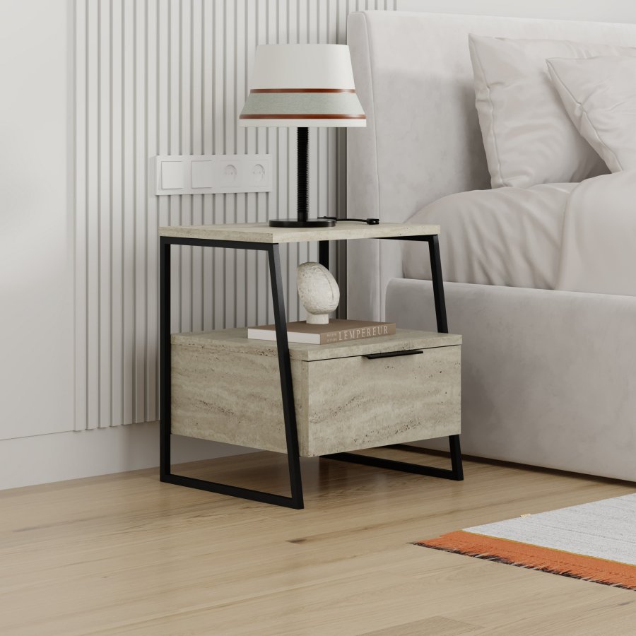 FUNZI LIVING Pal nattbord, m. 1 rom og 1 dr - travertin melamin og svart metall (45x40)