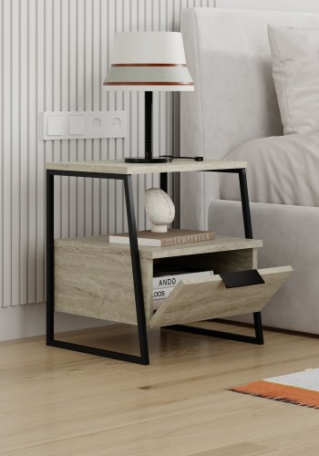 FUNZI LIVING Pal nattbord, m. 1 rom og 1 dr - travertin melamin og svart metall (45x40)