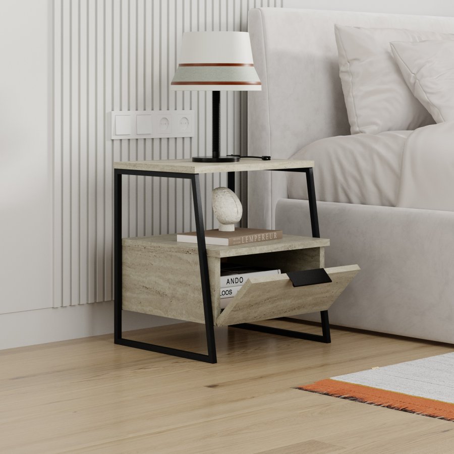 FUNZI LIVING Pal nattbord, m. 1 rom og 1 dr - travertin melamin og svart metall (45x40)