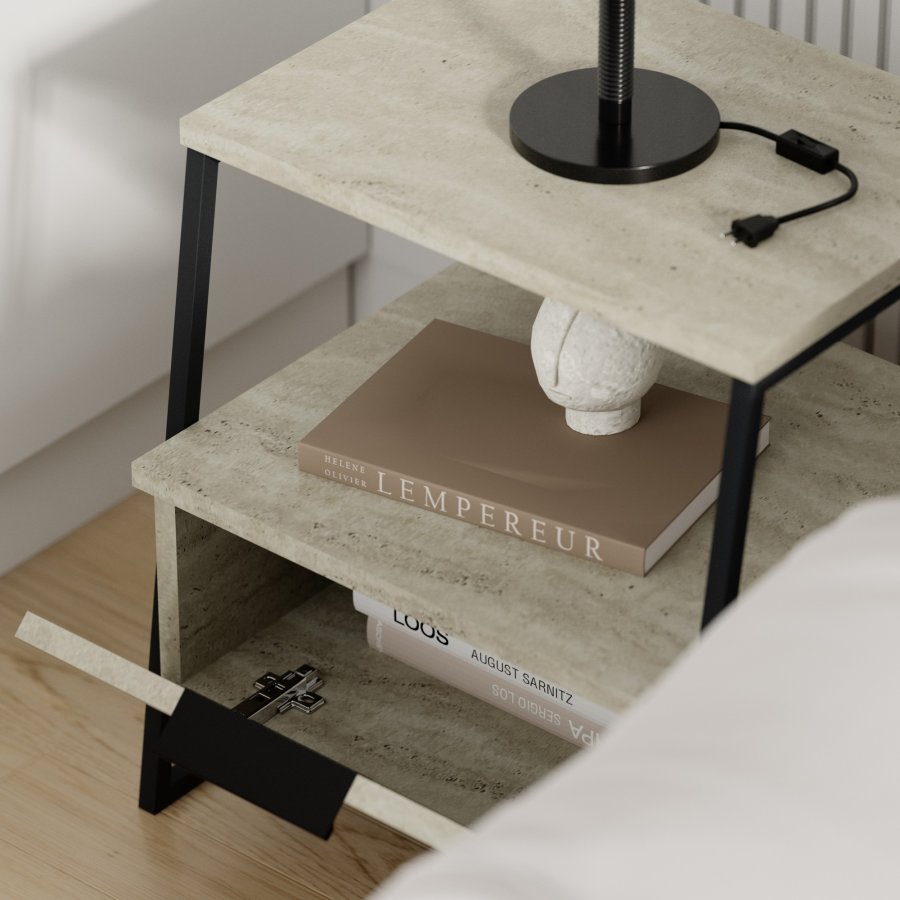 FUNZI LIVING Pal nattbord, m. 1 rom og 1 dr - travertin melamin og svart metall (45x40)