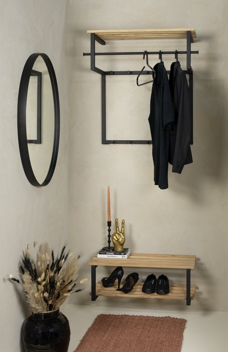 SPINDER DESIGN Rizzoli entropstilling, m. 10 knager, bjlestang og trhylde - sort stl og tr