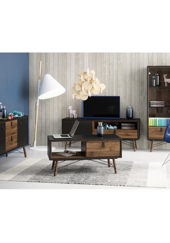 TVILUM Ry TV-Tisch, mit 1 Tür und 1 Schublade – Walnuss/Schwarzfolie und Holz (150,3 x 40,1)