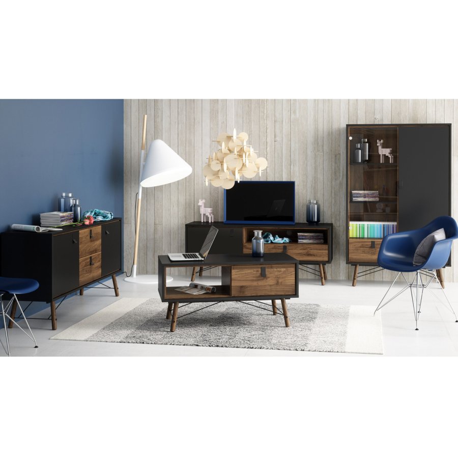 TVILUM Ry TV-Tisch, mit 1 Tür und 1 Schublade – Walnuss/Schwarzfolie und Holz (150,3 x 40,1)