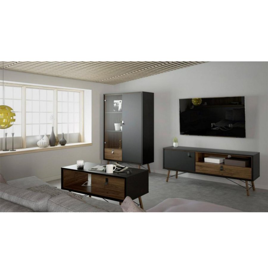 TVILUM Ry TV-Tisch, mit 1 Tür und 1 Schublade – Walnuss/Schwarzfolie und Holz (150,3 x 40,1)