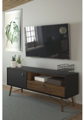 TVILUM Ry TV-Tisch, mit 1 T�r und 1 Schublade � Walnuss/Schwarzfolie und Holz (150,3 x 40,1)