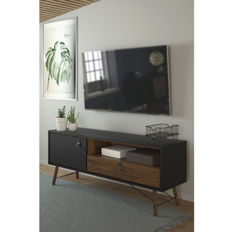 TVILUM Ry TV-Tisch, mit 1 Tür und 1 Schublade – Walnuss/Schwarzfolie und Holz (150,3 x 40,1)