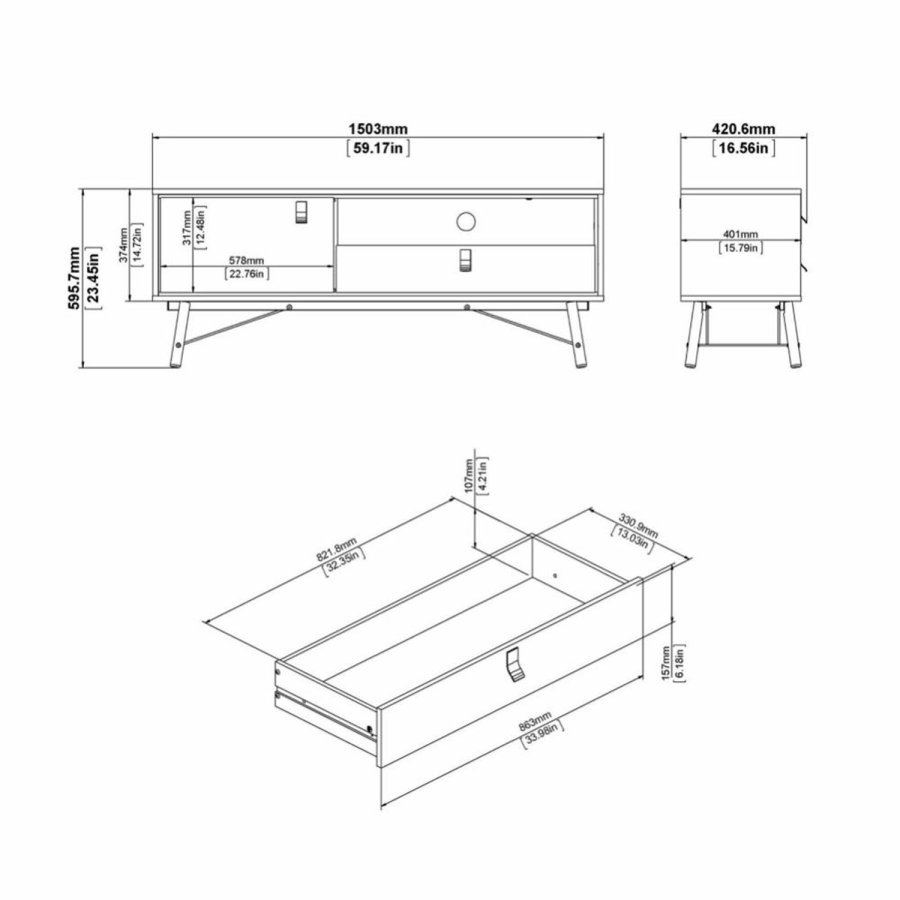 TVILUM Ry TV-Tisch, mit 1 Tür und 1 Schublade – Walnuss/Schwarzfolie und Holz (150,3 x 40,1)