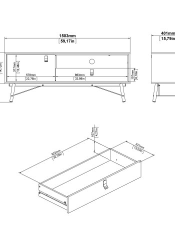 TVILUM Ry TV-Tisch, mit 1 Tür und 1 Schublade – Walnuss/Schwarzfolie und Holz (150,3 x 40,1)
