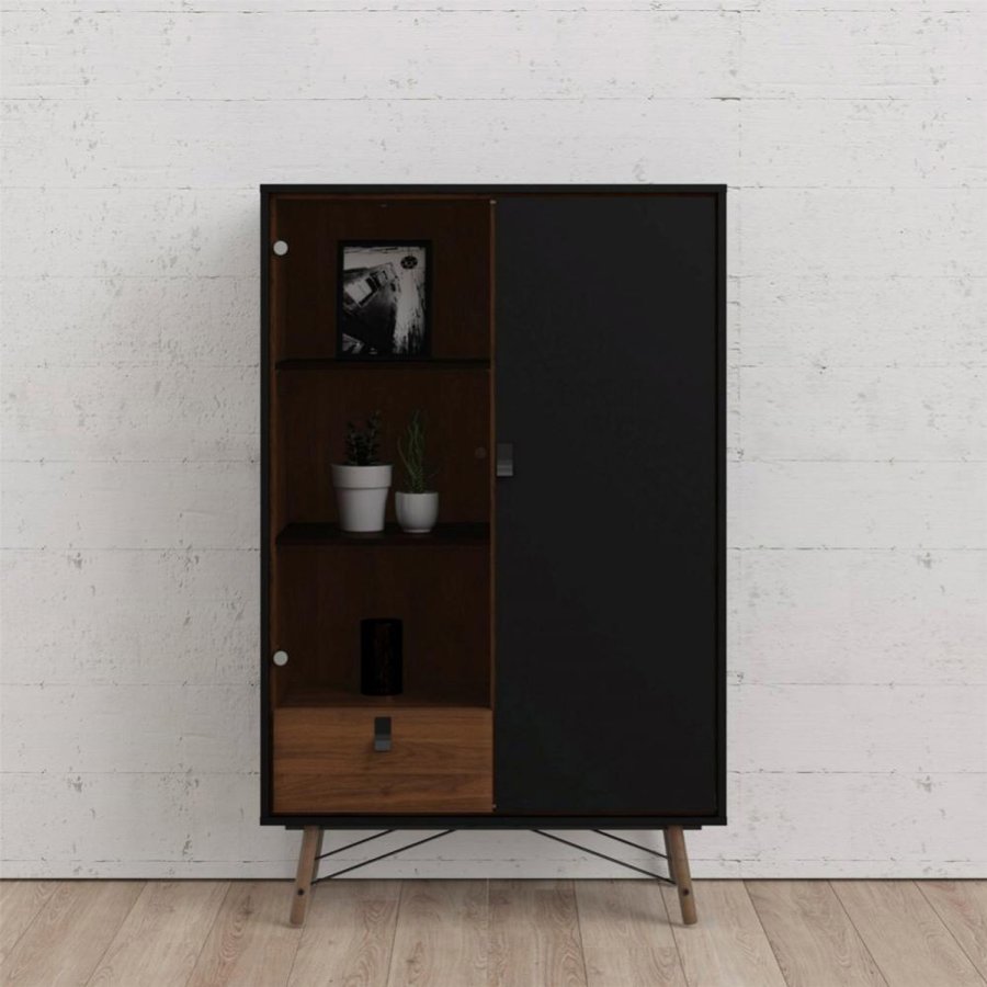 TVILUM Ry vitrineskap, m. 2 drer og 1 skuff - glass, valntt/sort folie og tre