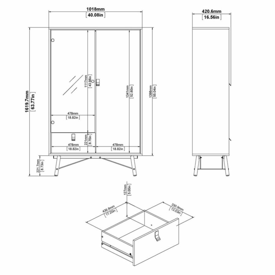 TVILUM Ry vitrineskap, m. 2 drer og 1 skuff - glass, valntt/sort folie og tre