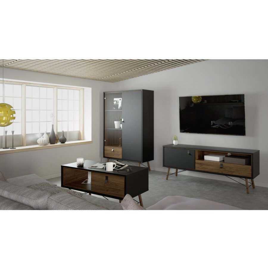 TVILUM Ry vitrineskap, m. 2 drer og 1 skuff - glass, valntt/sort folie og tre