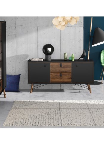 TVILUM Ry vitrineskap, m. 2 drer og 1 skuff - glass, valntt/sort folie og tre