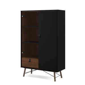 TVILUM Ry vitrineskap, m. 2 d�rer og 1 skuff - glass, valn�tt/sort folie og tre