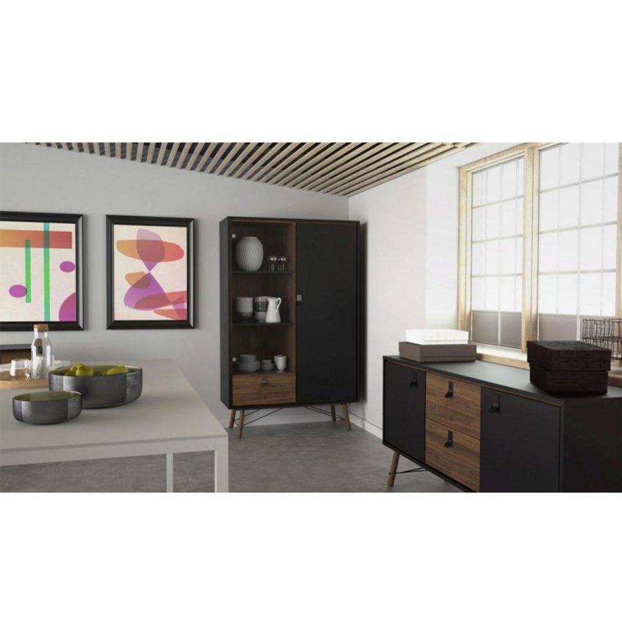 TVILUM Ry vitrineskap, m. 2 drer og 1 skuff - glass, valntt/sort folie og tre