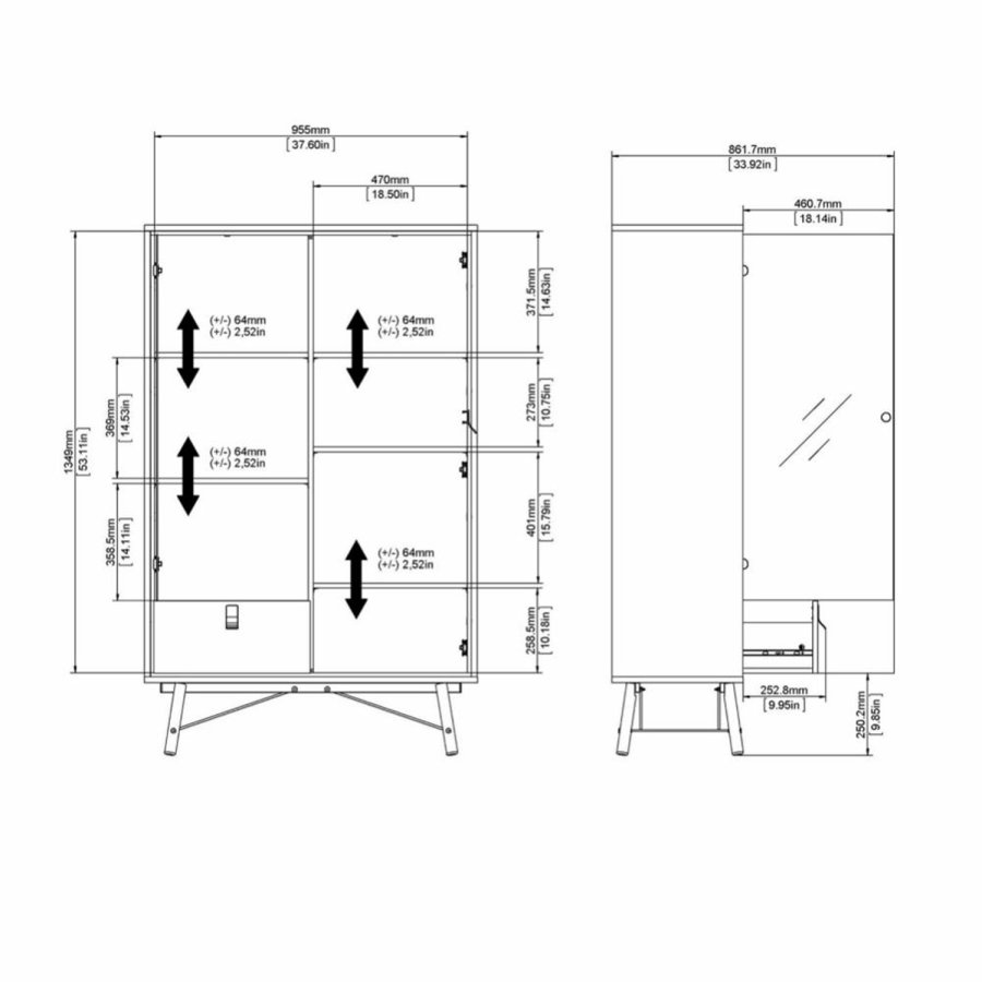 TVILUM Ry vitrineskap, m. 2 drer og 1 skuff - glass, valntt/sort folie og tre