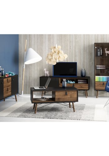 TVILUM Ry vitrineskab, m. 2 l�ger og 1 skuffe - glas, valn�d/matsort folie og tr�