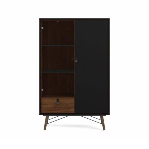 TVILUM Ry vitrineskap, m. 2 drer og 1 skuff - glass, valntt/sort folie og tre