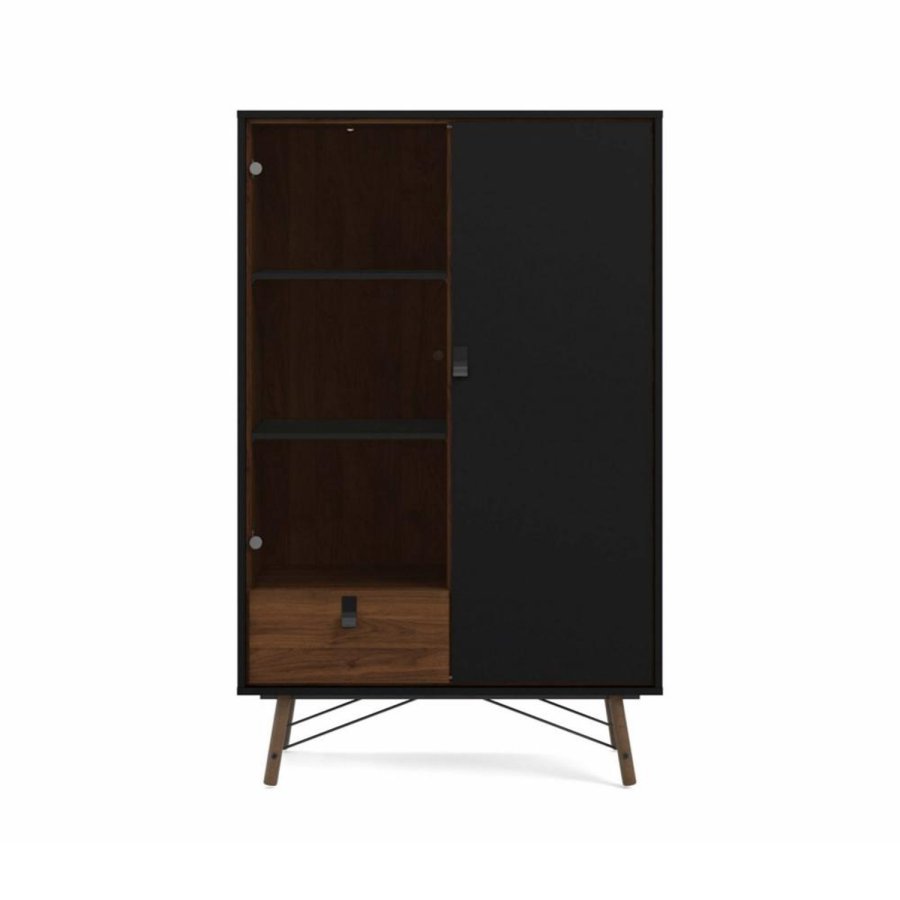 TVILUM Ry vitrineskap, m. 2 drer og 1 skuff - glass, valntt/sort folie og tre