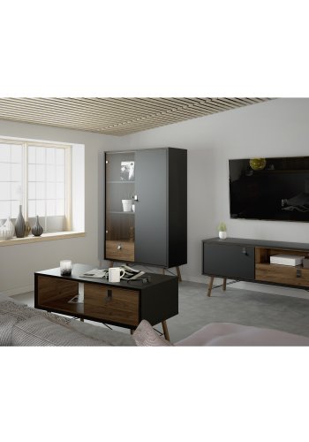 TVILUM Ry Couchtisch, mit Schublade – Walnuss/Schwarzfolie und Naturholz (101,8 x 48,2)