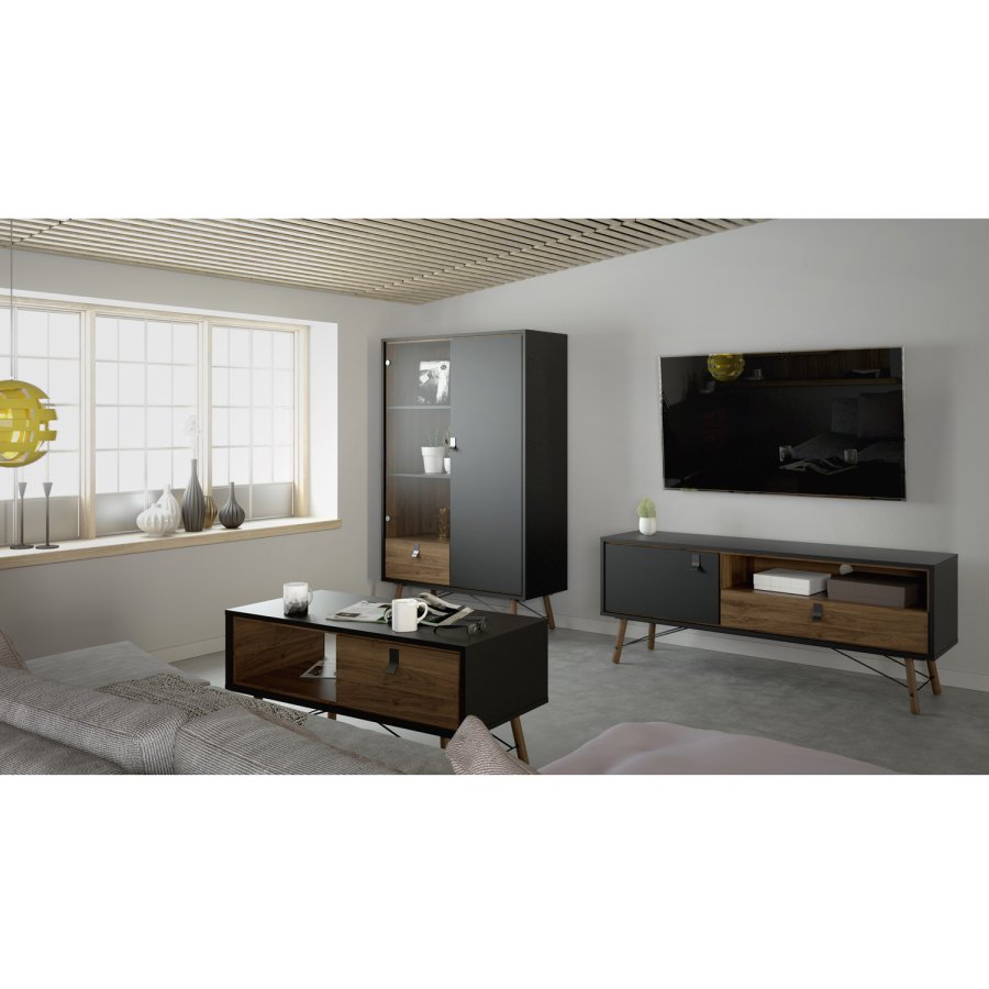 TVILUM Ry Couchtisch, mit Schublade – Walnuss/Schwarzfolie und Naturholz (101,8 x 48,2)