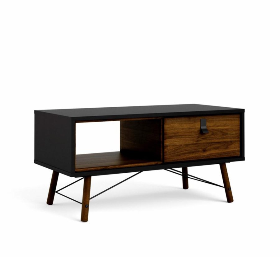 TVILUM Ry Couchtisch, mit Schublade – Walnuss/Schwarzfolie und Naturholz (101,8 x 48,2)
