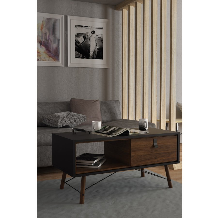 TVILUM Ry Couchtisch, mit Schublade – Walnuss/Schwarzfolie und Naturholz (101,8 x 48,2)