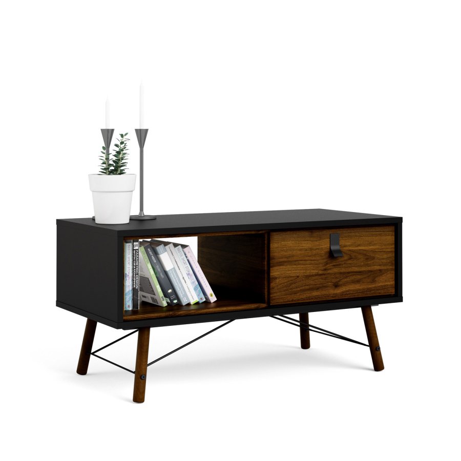 TVILUM Ry Couchtisch, mit Schublade – Walnuss/Schwarzfolie und Naturholz (101,8 x 48,2)