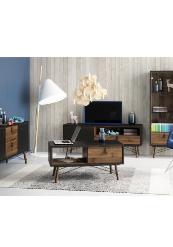 TVILUM Ry Couchtisch, mit Schublade – Walnuss/Schwarzfolie und Naturholz (101,8 x 48,2)