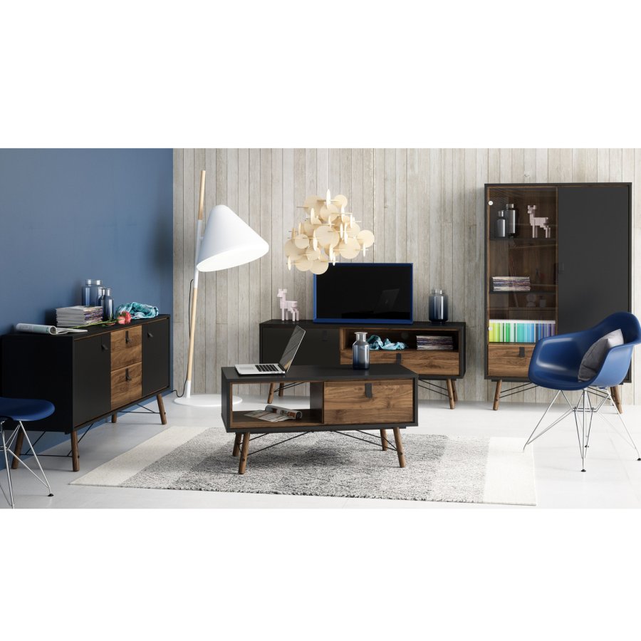 TVILUM Ry Couchtisch, mit Schublade – Walnuss/Schwarzfolie und Naturholz (101,8 x 48,2)