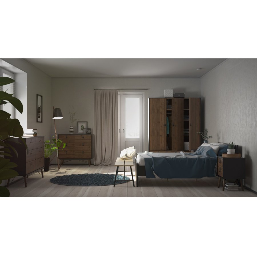 TVILUM Ry garderobeskab, m. 3 låger og 3 skuffer - valnød/matsort folie og træ