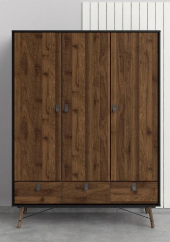 TVILUM Ry garderobeskab, m. 3 låger og 3 skuffer - valnød/matsort folie og træ