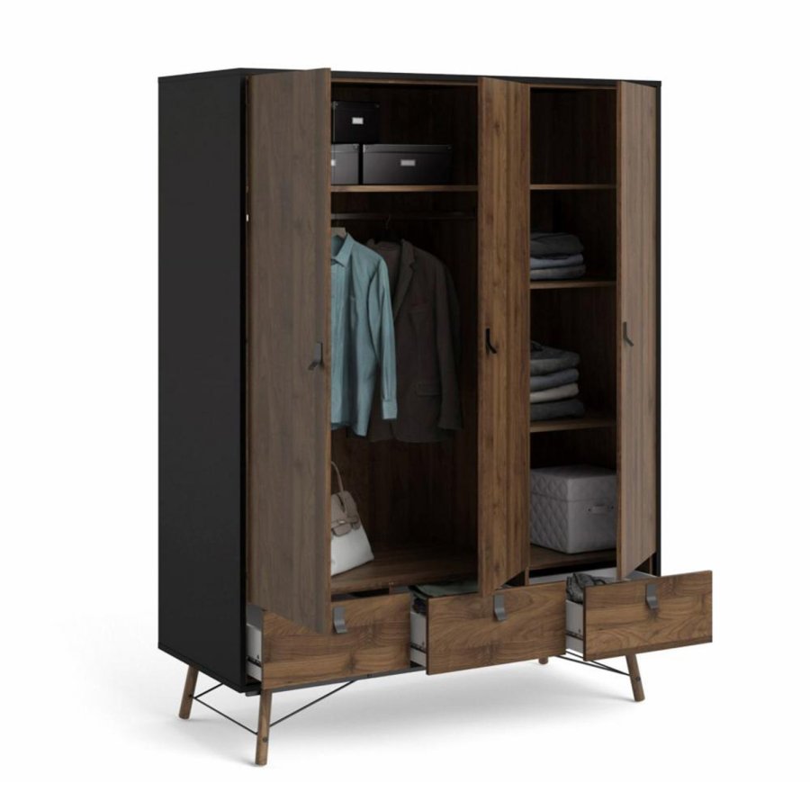 TVILUM Ry garderobeskab, m. 3 låger og 3 skuffer - valnød/matsort folie og træ