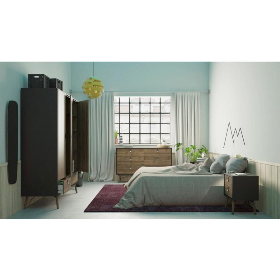 TVILUM Ry garderobeskab, m. 3 låger og 3 skuffer - valnød/matsort folie og træ