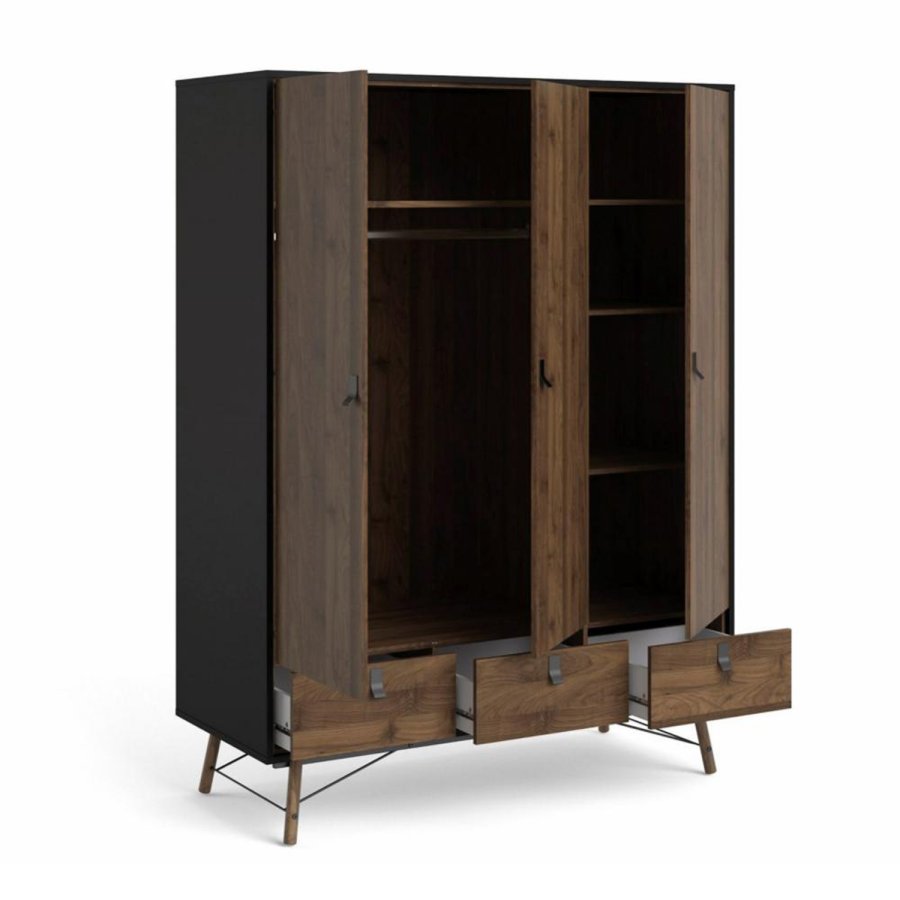 TVILUM Ry garderobeskab, m. 3 låger og 3 skuffer - valnød/matsort folie og træ