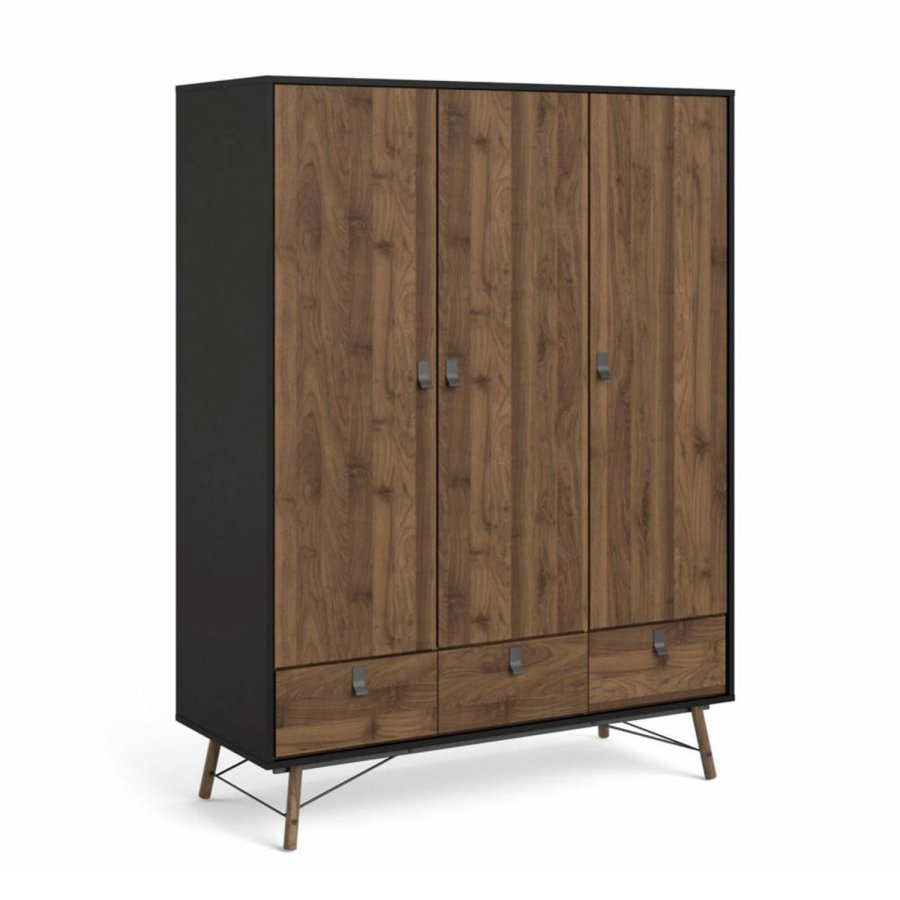 TVILUM Ry garderobeskab, m. 3 låger og 3 skuffer - valnød/matsort folie og træ