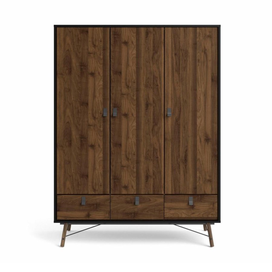 TVILUM Ry garderobeskab, m. 3 låger og 3 skuffer - valnød/matsort folie og træ