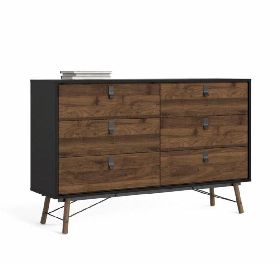 TVILUM Ry dobbel kommode, m. 6 skuffer - valntt/svart folie og tre