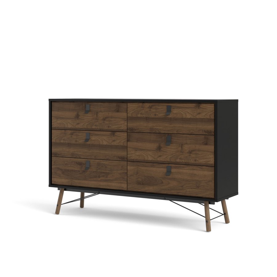 TVILUM Ry dobbel kommode, m. 6 skuffer - valntt/svart folie og tre