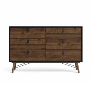 TVILUM Ry dobbelt kommode, m. 6 skuffer - valnd/sort folie og tr